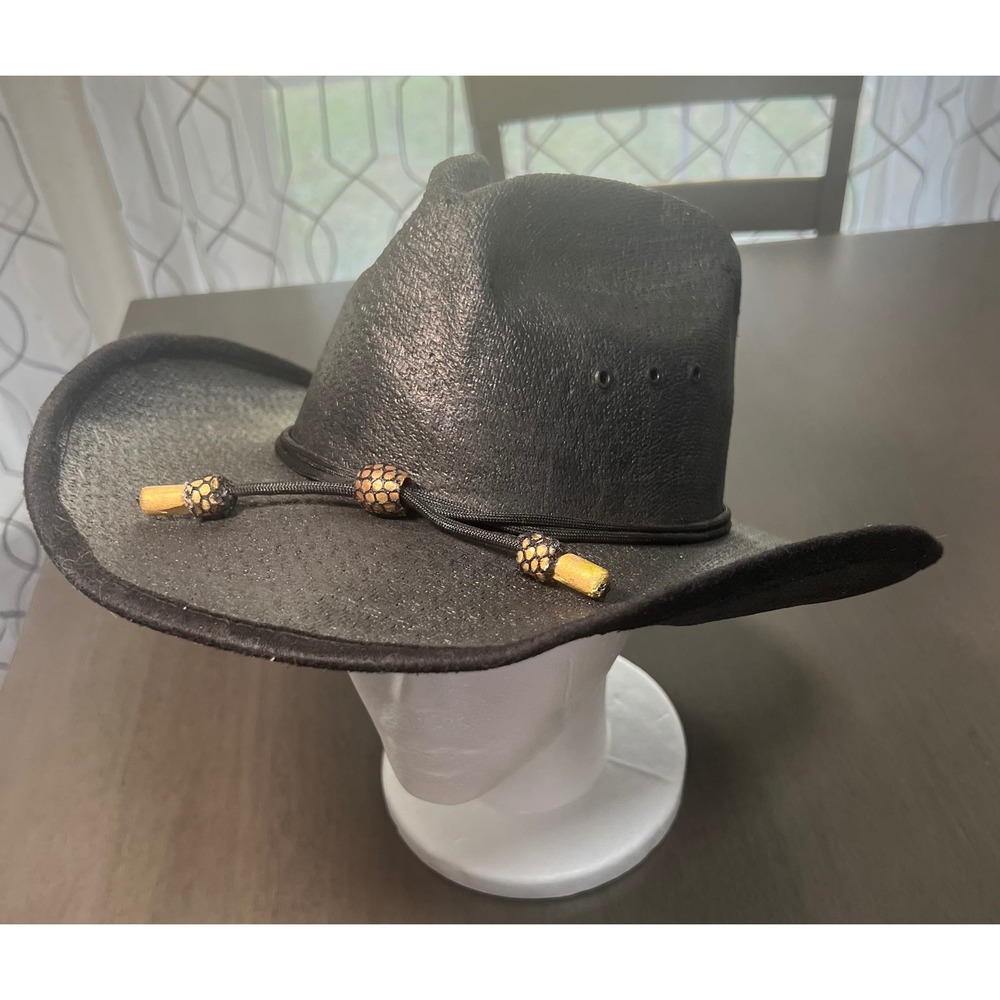 Black Western Cowboy Hat Textured Coated Finish Cord Band with Beads